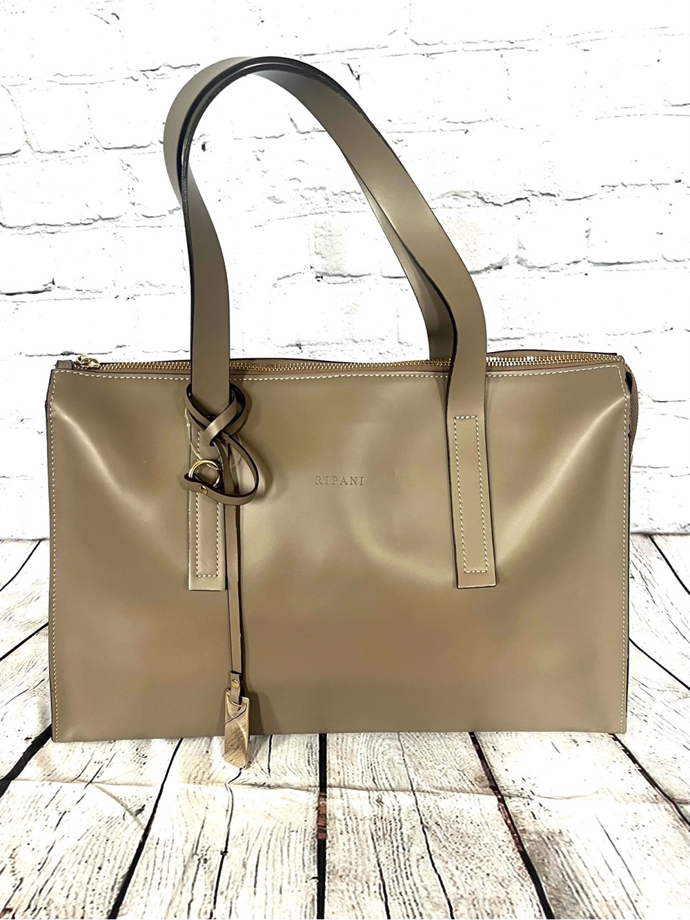 Ripani Italian Leather Work Tote Bag in Taupe / Mushroom